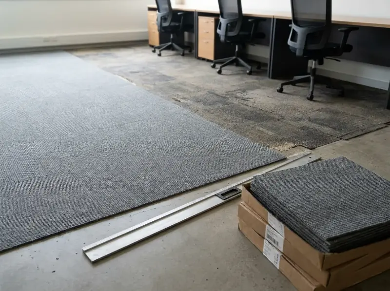 Legploeg die tapijttegels aansluit op een bestaande zone in een open kantoor, met de bureaus opzij geschoven